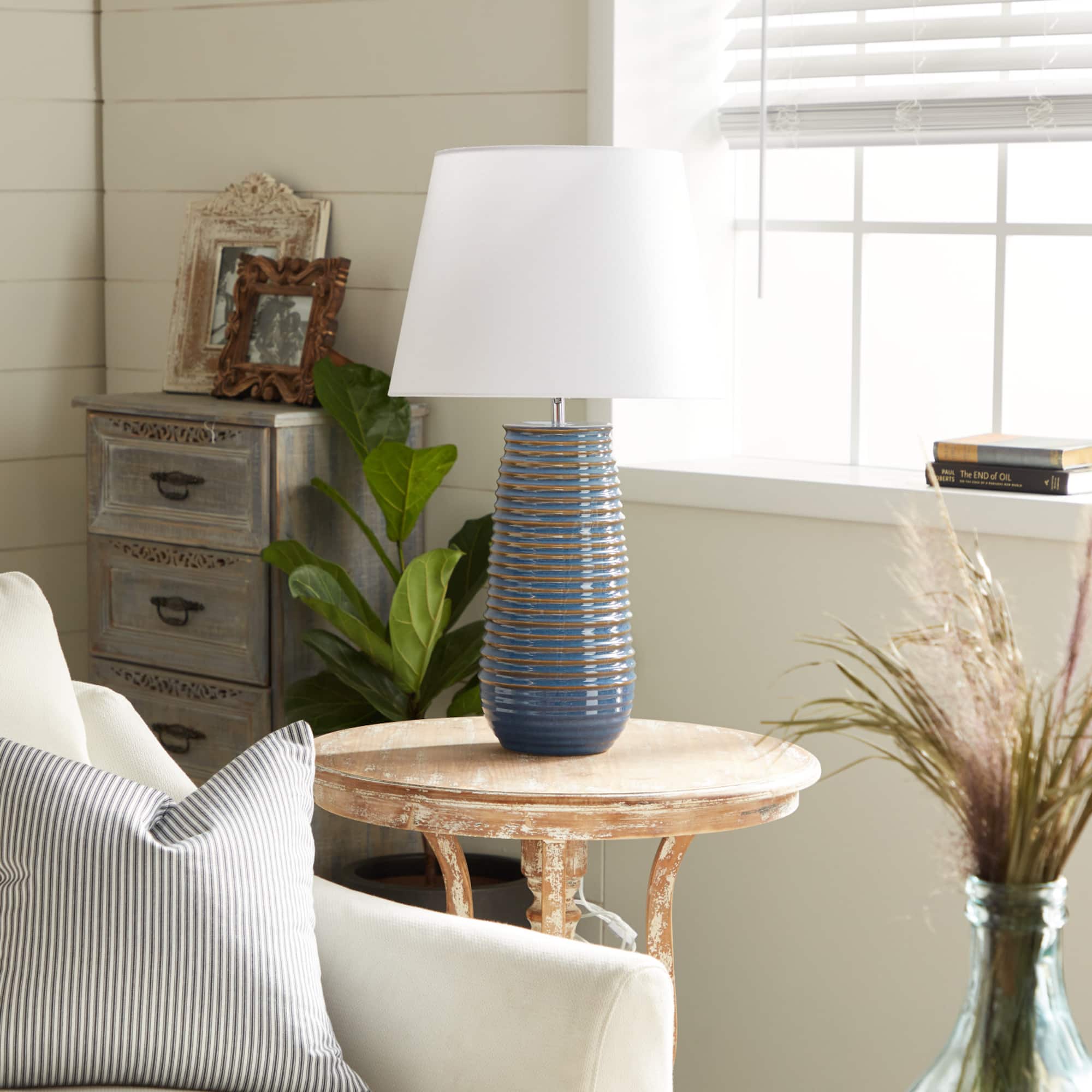 Blue Ceramic Rustic Table Lamp, 28" x 15" x 15"